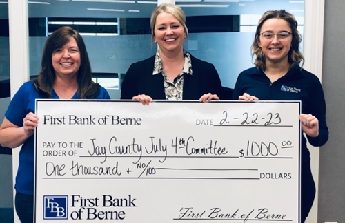 FIRST BANK OF BERNE DONATES TO JAY COUNTY JULY 4TH CELEBRATION COMMITTEE